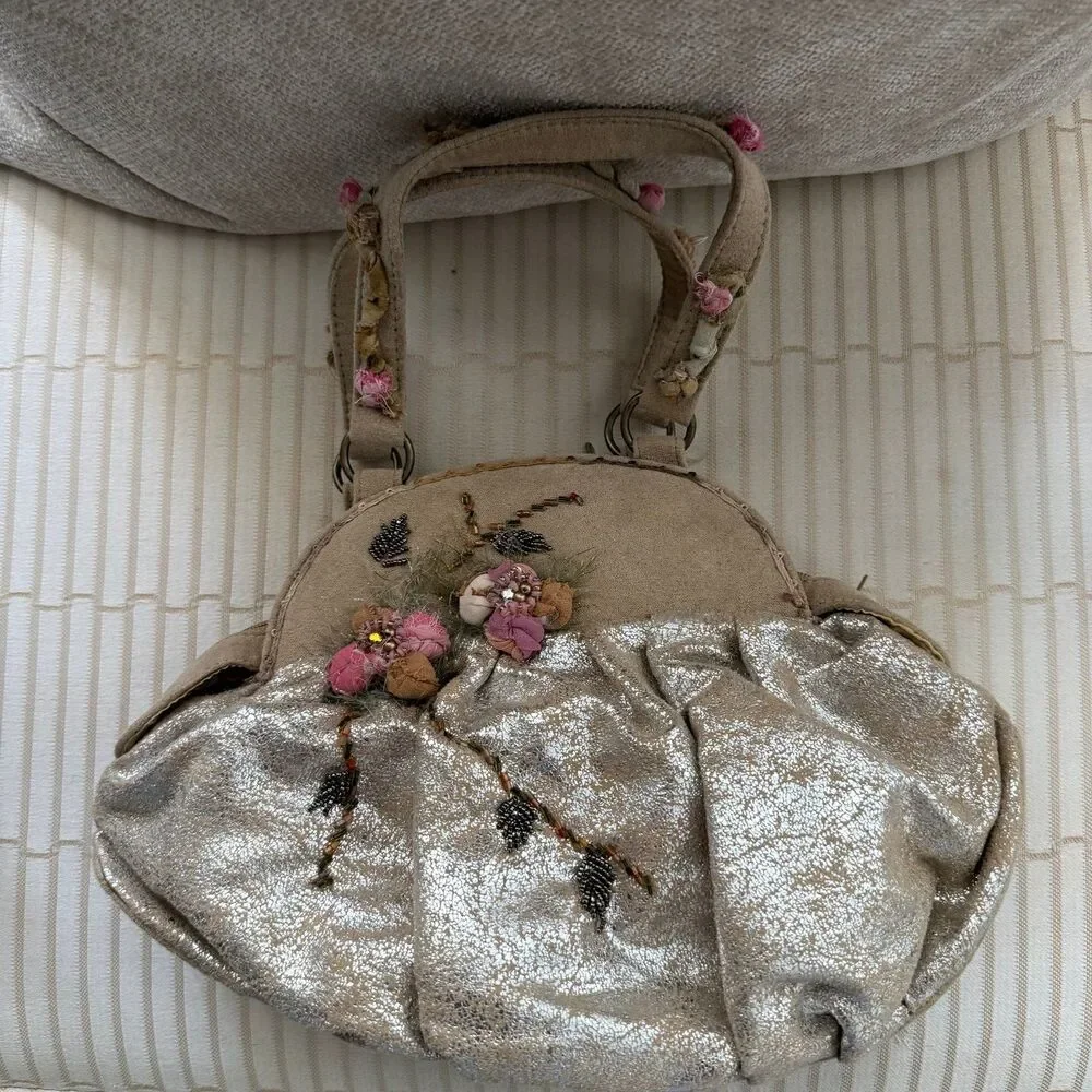 Mary Frances Vintage Embroidered Floral Beaded Handbag Metallic Gold/silver